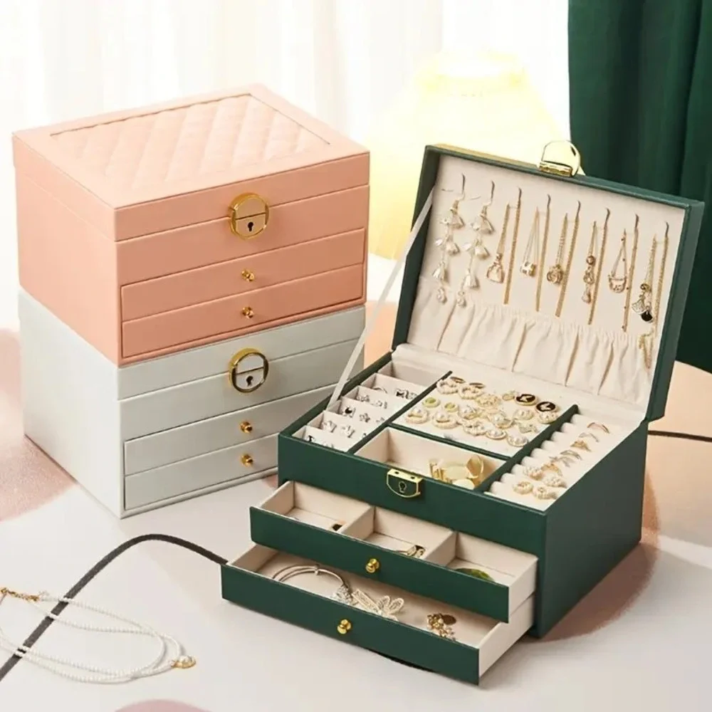 3 Layer PU Leather Soft‎ Lining Jewelry Box, Large Organizer for Women Green US